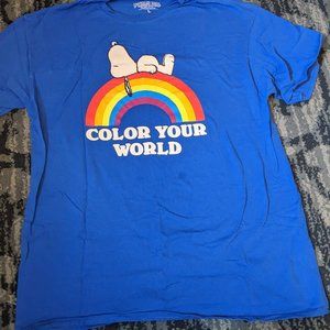 Color Your World Snoopy Peanuts Blue Rainbow Graphic T-Shirt Size Large